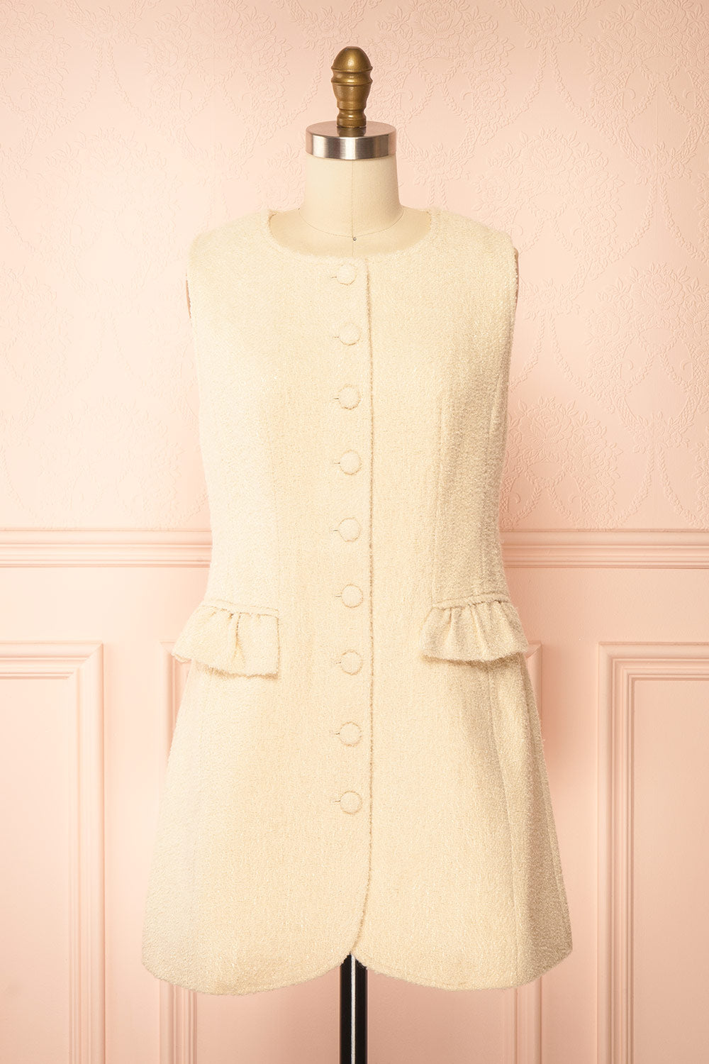 Rosamund | Short Ivory Button-Up Tweed Dress with Pockets