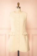 Rosamund | Short Ivory Button-Up Tweed Dress with Pockets