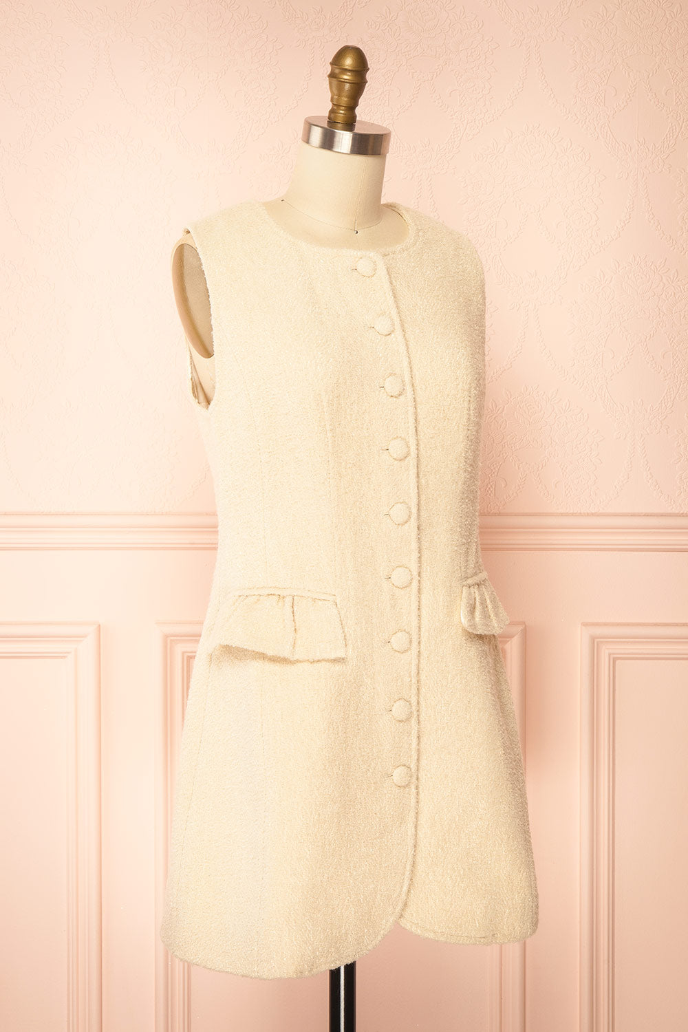 Rosamund | Short Ivory Button-Up Tweed Dress with Pockets