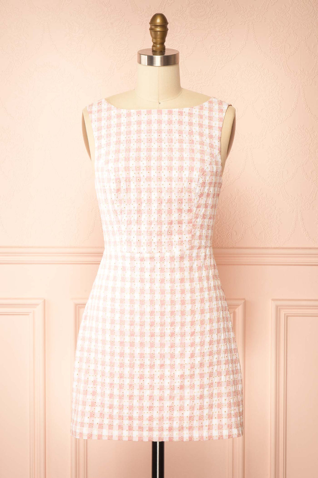 Sabinna | Pink Gingham Broderie Mini Dress with Back Tie