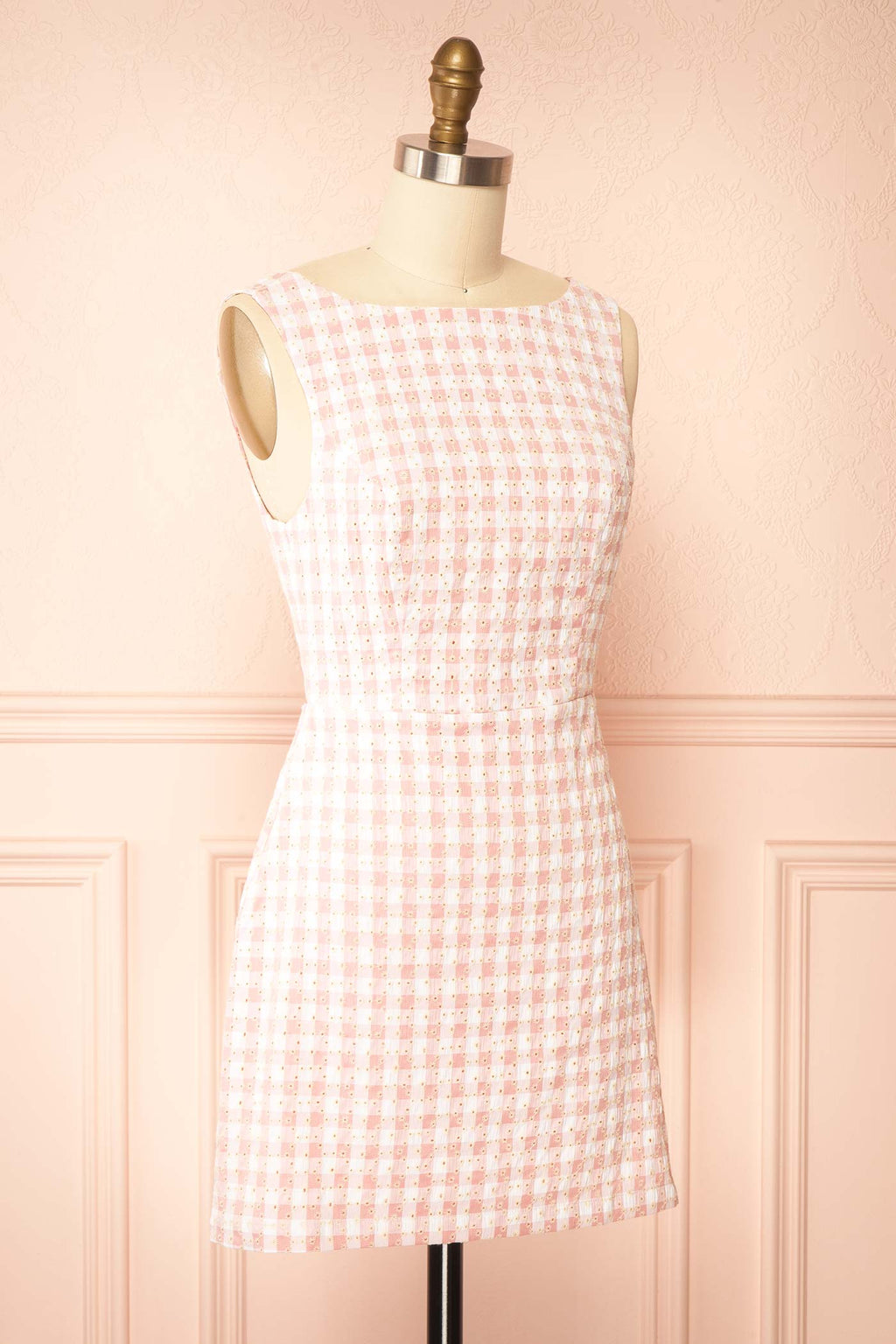 Sabinna | Pink Gingham Broderie Mini Dress with Back Tie