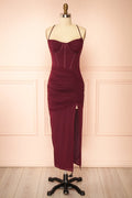 Safietou | Burgundy Corset Style Midi Dress with Slit