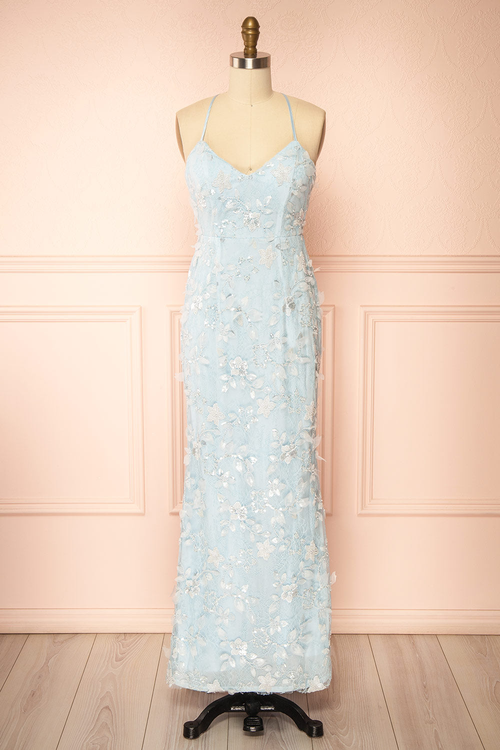 Sahida Blue | Lace Maxi Dress with Floral Appliqués