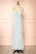 Sahida Blue | Lace Maxi Dress with Floral Appliqués