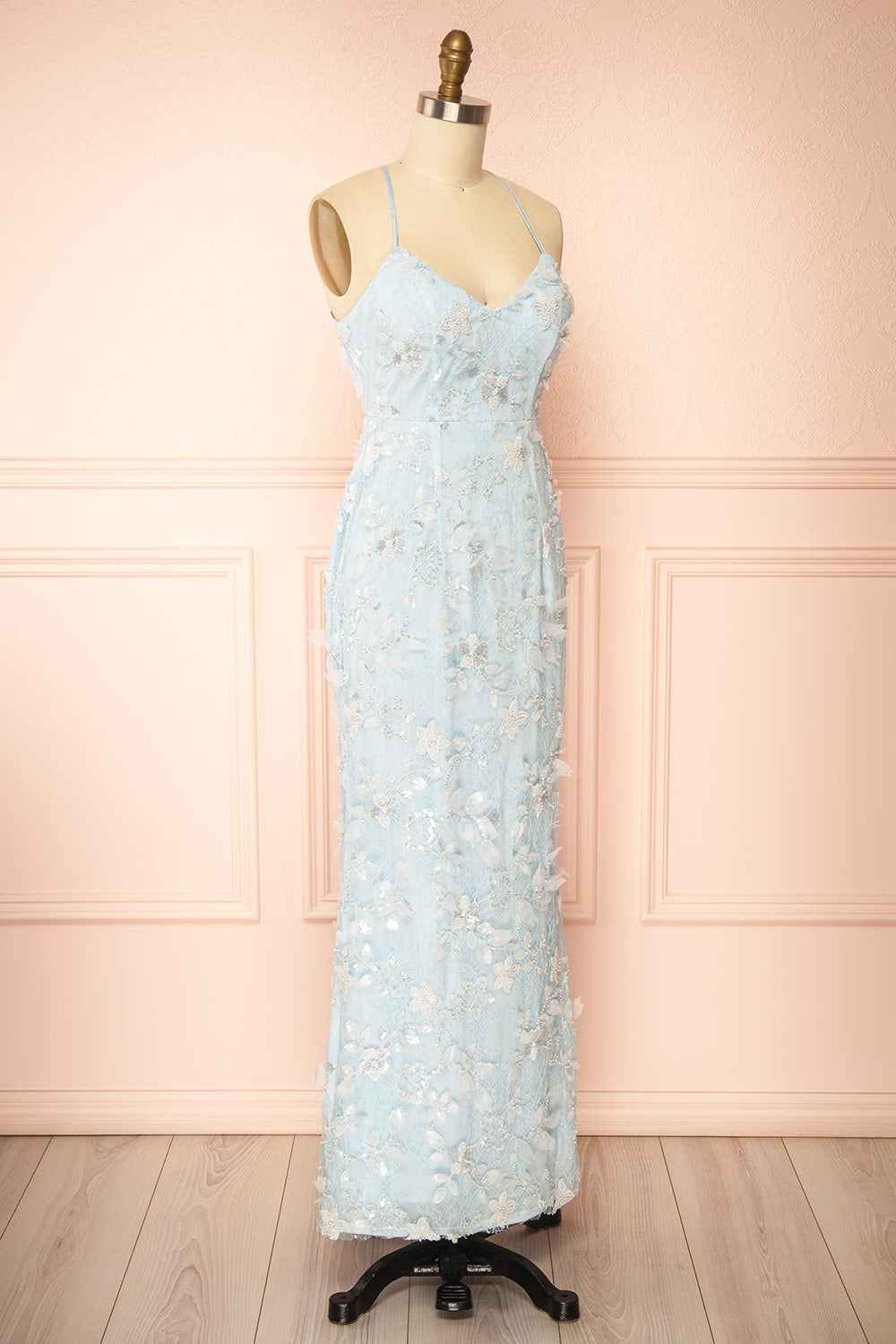 Sahida Blue | Lace Maxi Dress with Floral Appliqués
