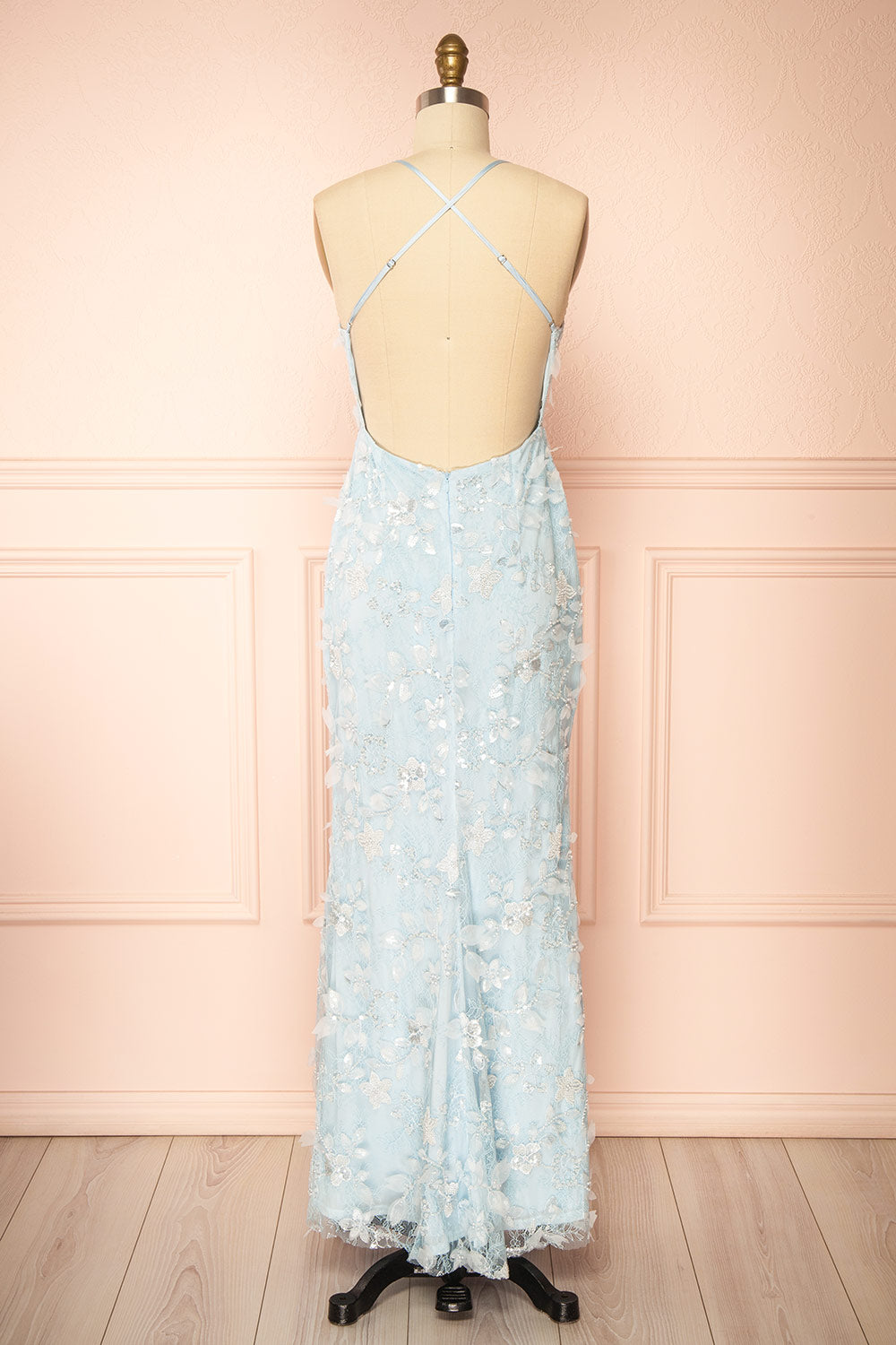 Sahida Blue | Lace Maxi Dress with Floral Appliqués