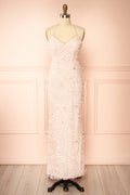 Sahida Pink | Lace Maxi Dress with Floral Appliqués