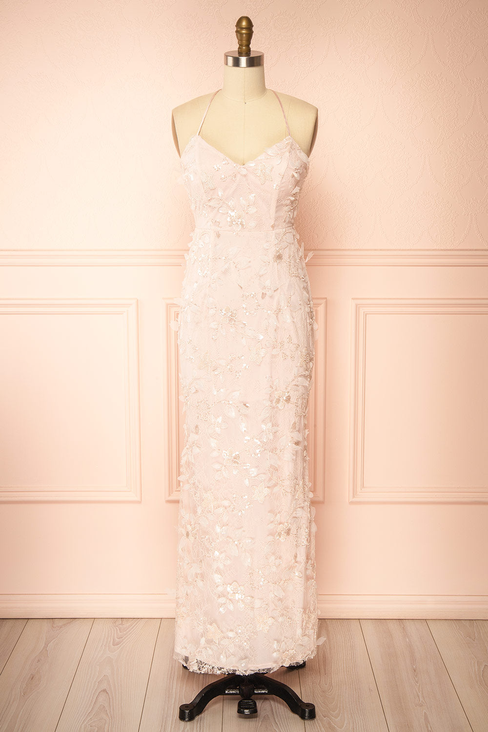 Sahida Pink | Lace Maxi Dress with Floral Appliqués