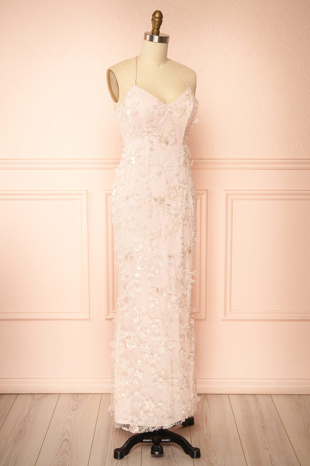 Sahida Pink | Lace Maxi Dress with Floral Appliqués