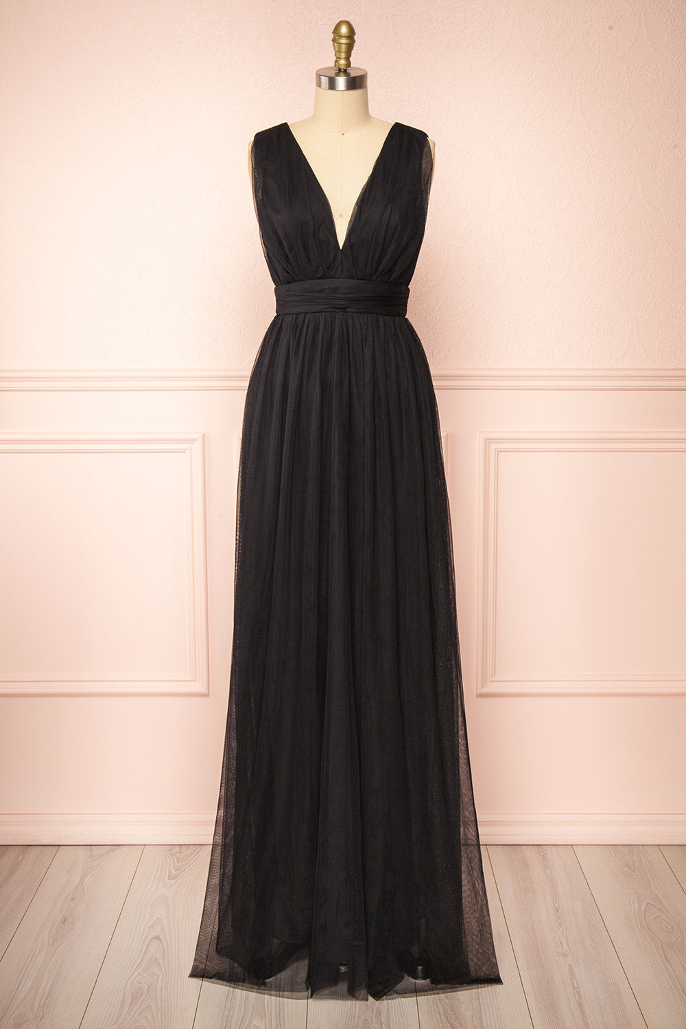 Samina Black | Tulle Maxi Dress with Plunging Neckline