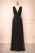 Samina Black | Tulle Maxi Dress with Plunging Neckline