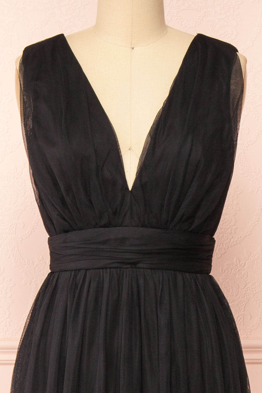 Samina Black | Tulle Maxi Dress with Plunging Neckline