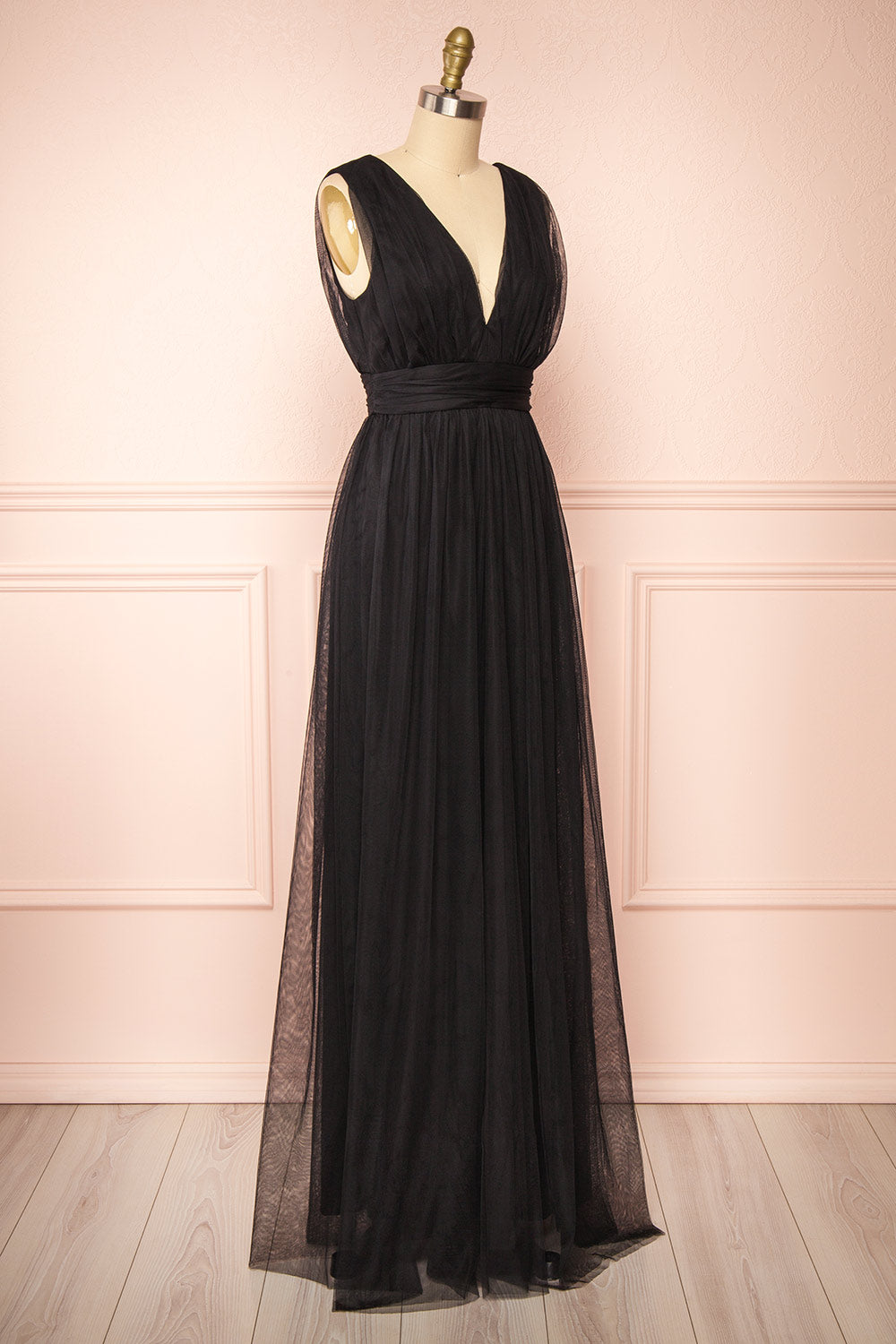Samina Black | Tulle Maxi Dress with Plunging Neckline