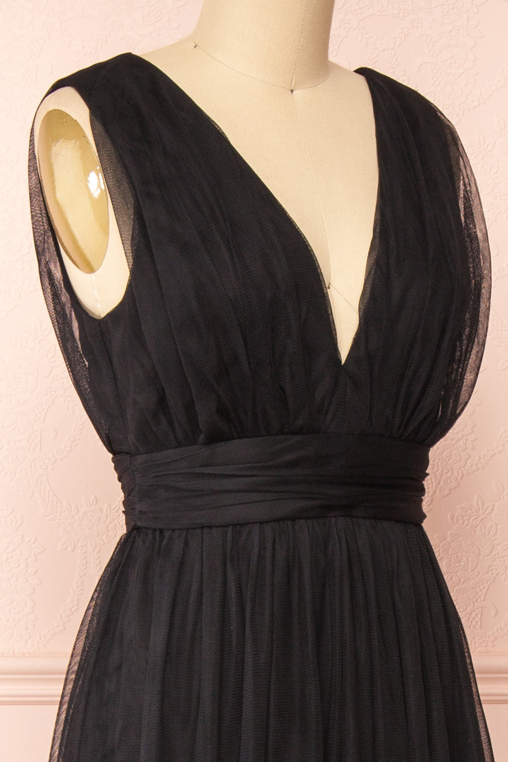 Samina Black | Tulle Maxi Dress with Plunging Neckline
