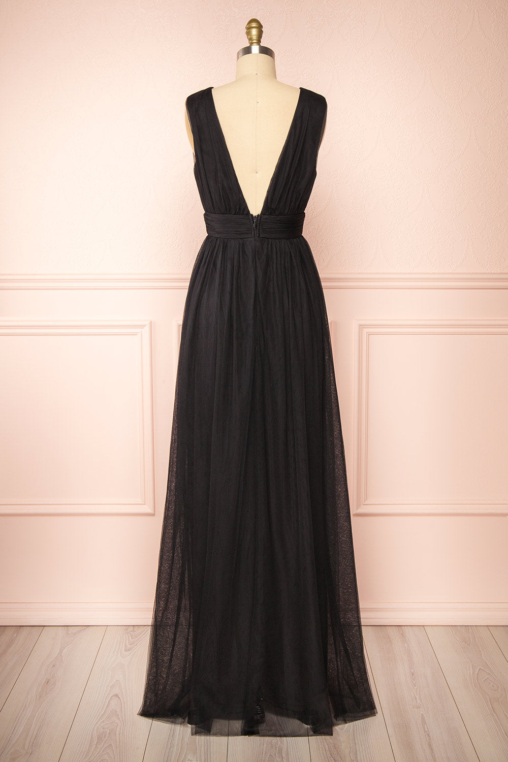Samina Black | Tulle Maxi Dress with Plunging Neckline