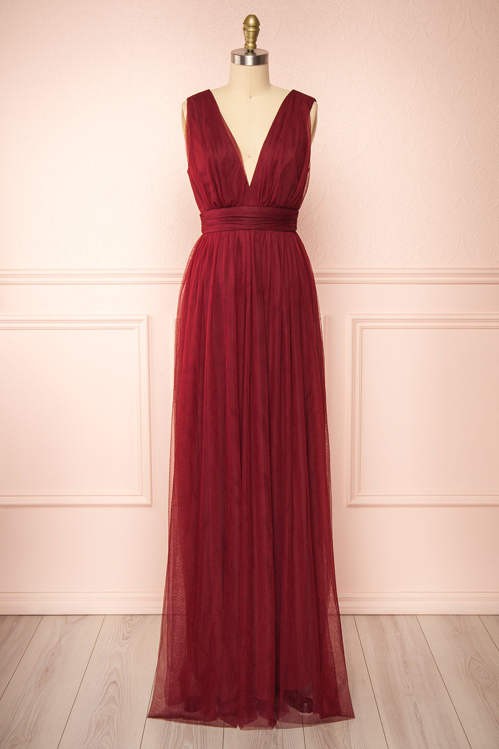 Samina Burgundy | Tulle Maxi Dress with Plunging Neckline