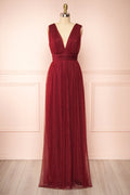 Samina Burgundy | Tulle Maxi Dress with Plunging Neckline