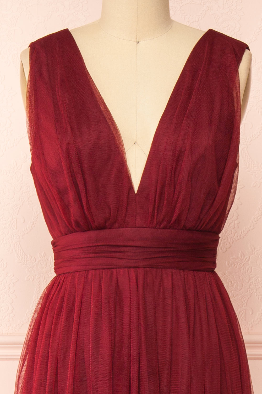 Samina Burgundy | Tulle Maxi Dress with Plunging Neckline
