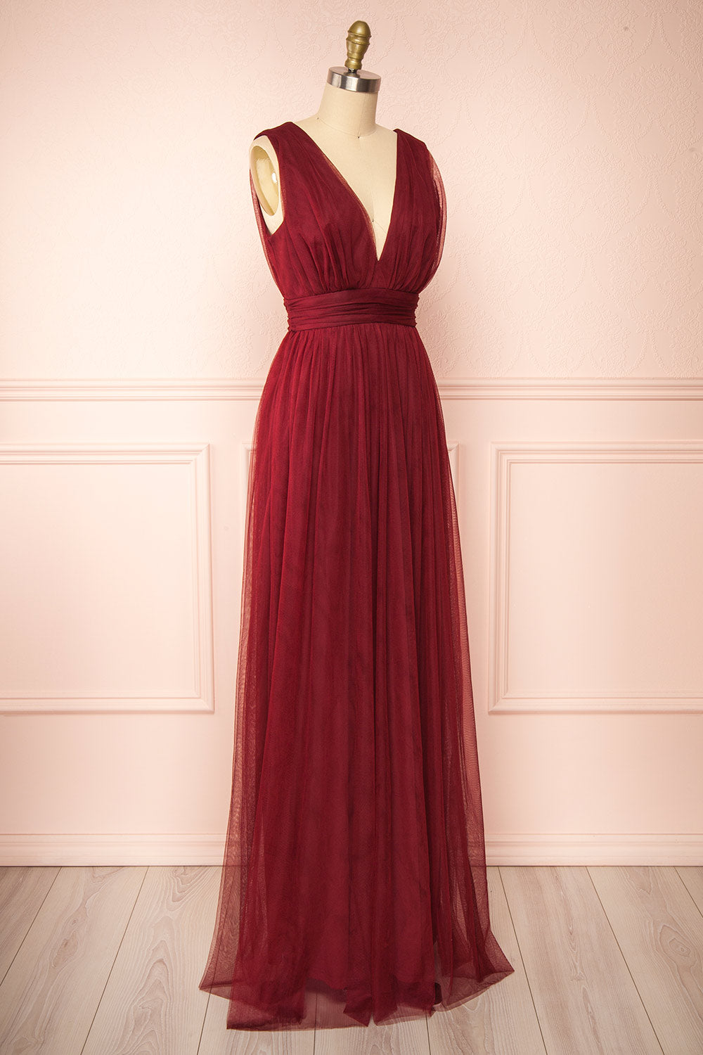 Samina Burgundy | Tulle Maxi Dress with Plunging Neckline