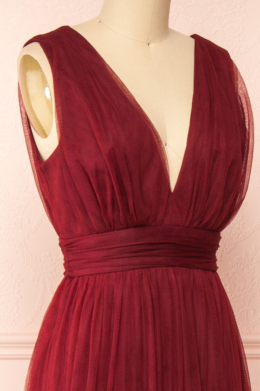 Samina Burgundy | Tulle Maxi Dress with Plunging Neckline