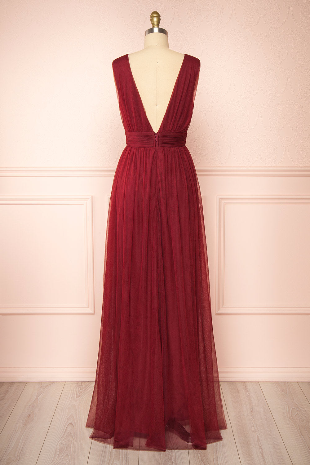 Samina Burgundy | Tulle Maxi Dress with Plunging Neckline