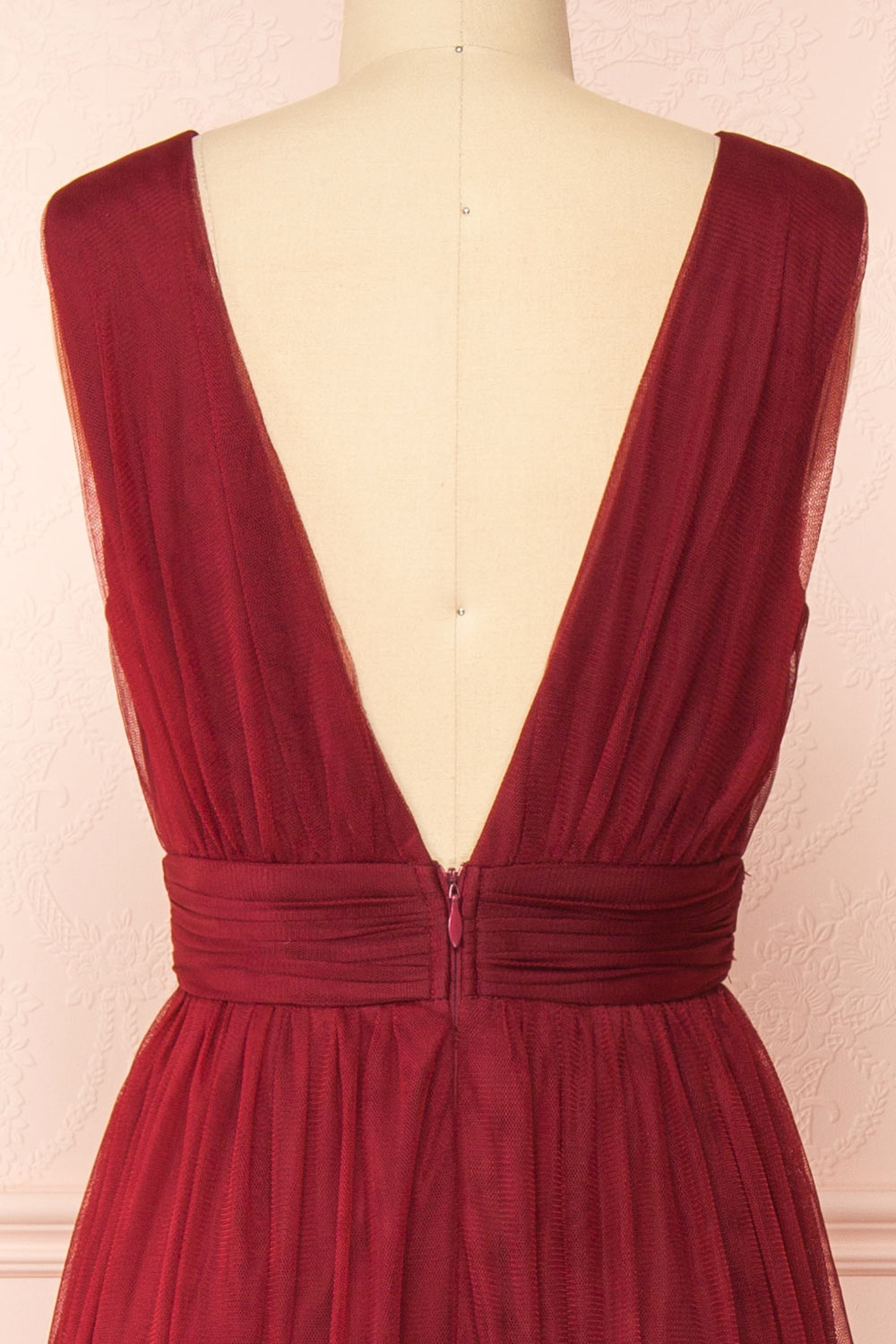 Samina Burgundy | Tulle Maxi Dress with Plunging Neckline
