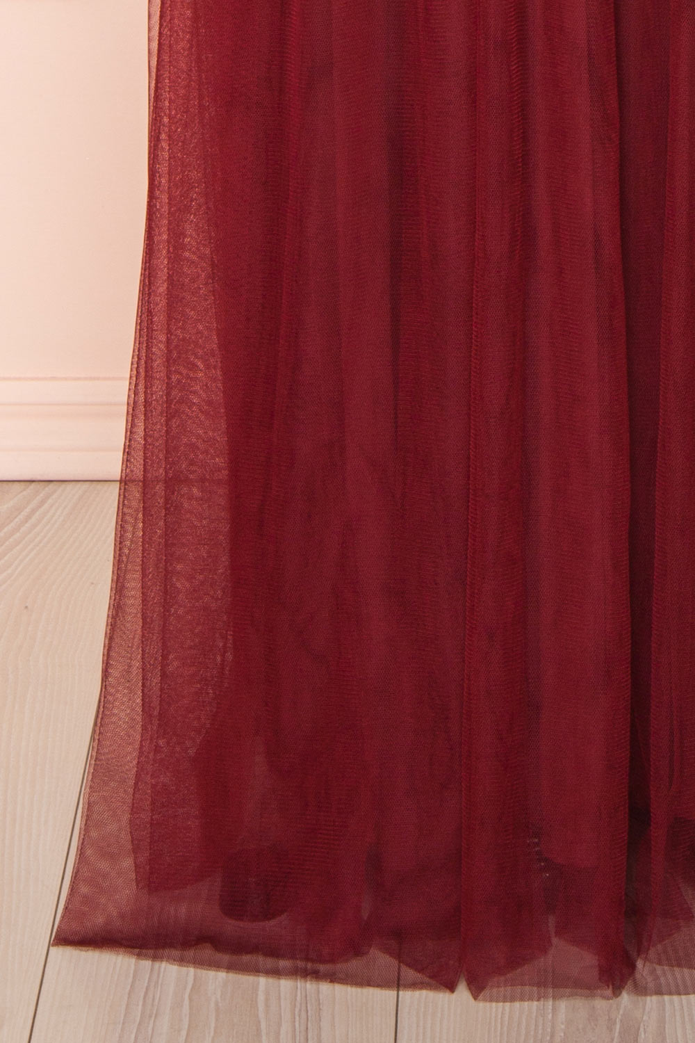 Samina Burgundy | Tulle Maxi Dress with Plunging Neckline