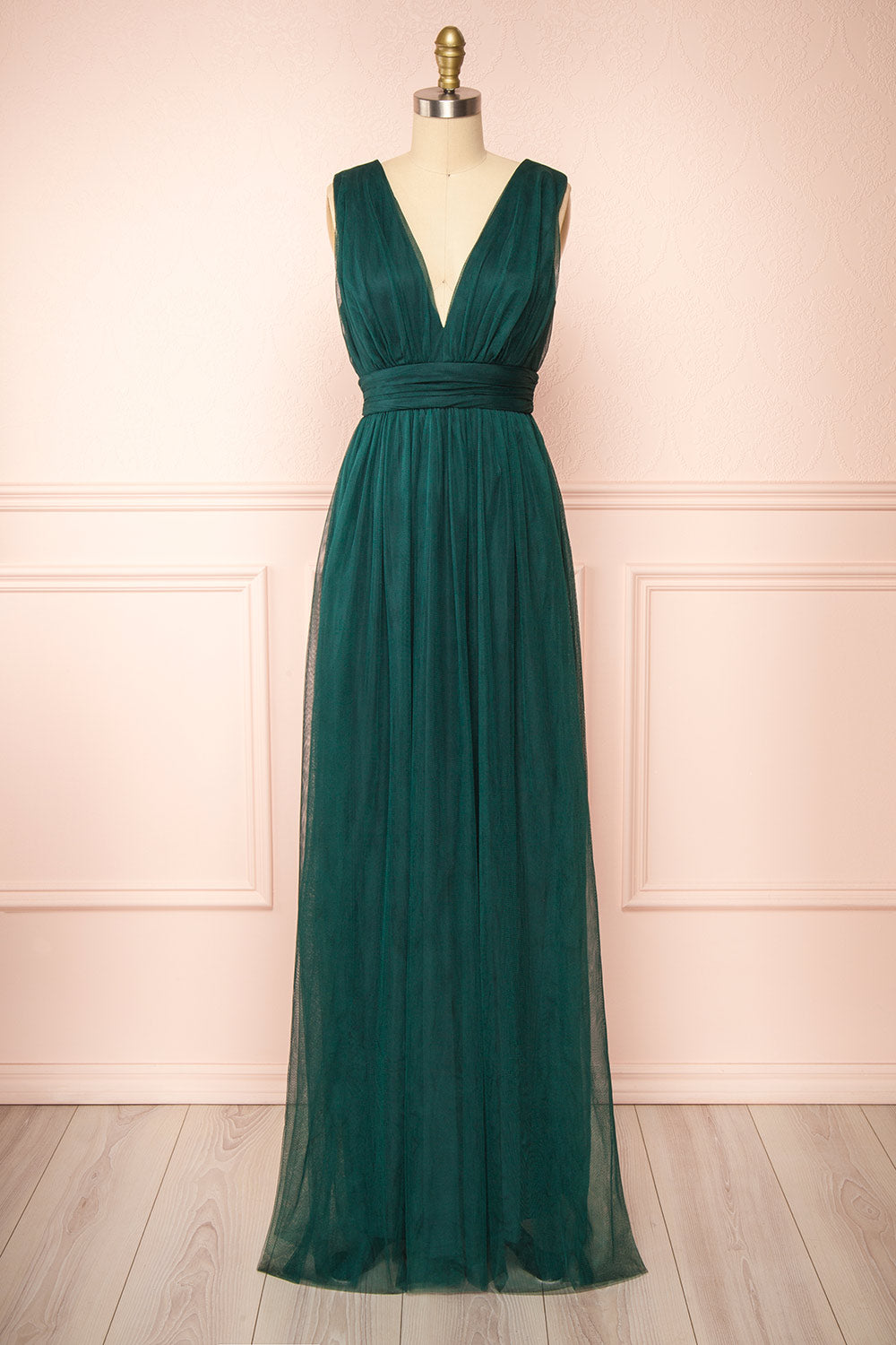 Samina Green | Tulle Maxi Dress with Plunging Neckline
