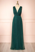 Samina Green | Tulle Maxi Dress with Plunging Neckline