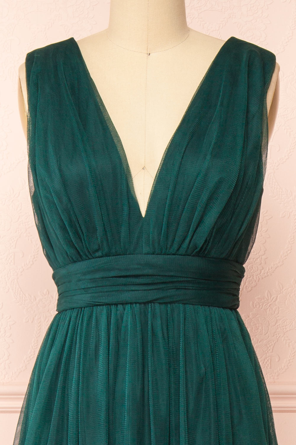 Samina Green | Tulle Maxi Dress with Plunging Neckline
