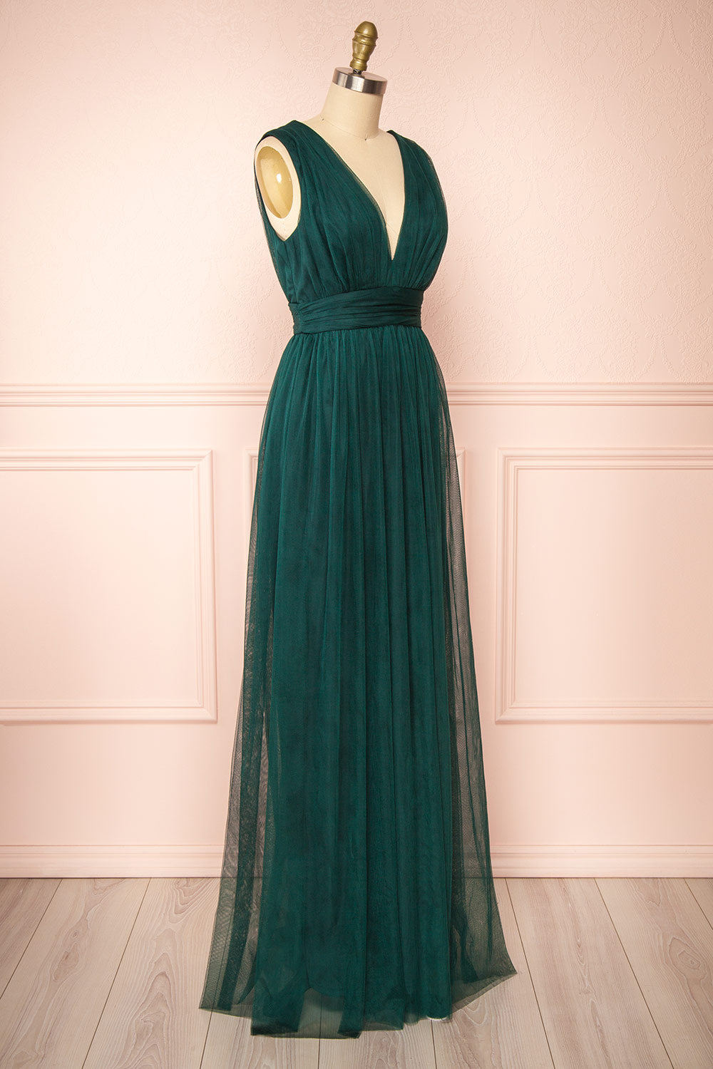 Samina Green | Tulle Maxi Dress with Plunging Neckline