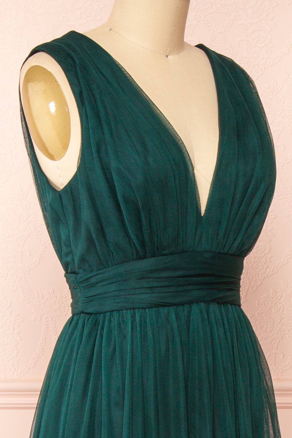 Samina Green | Tulle Maxi Dress with Plunging Neckline
