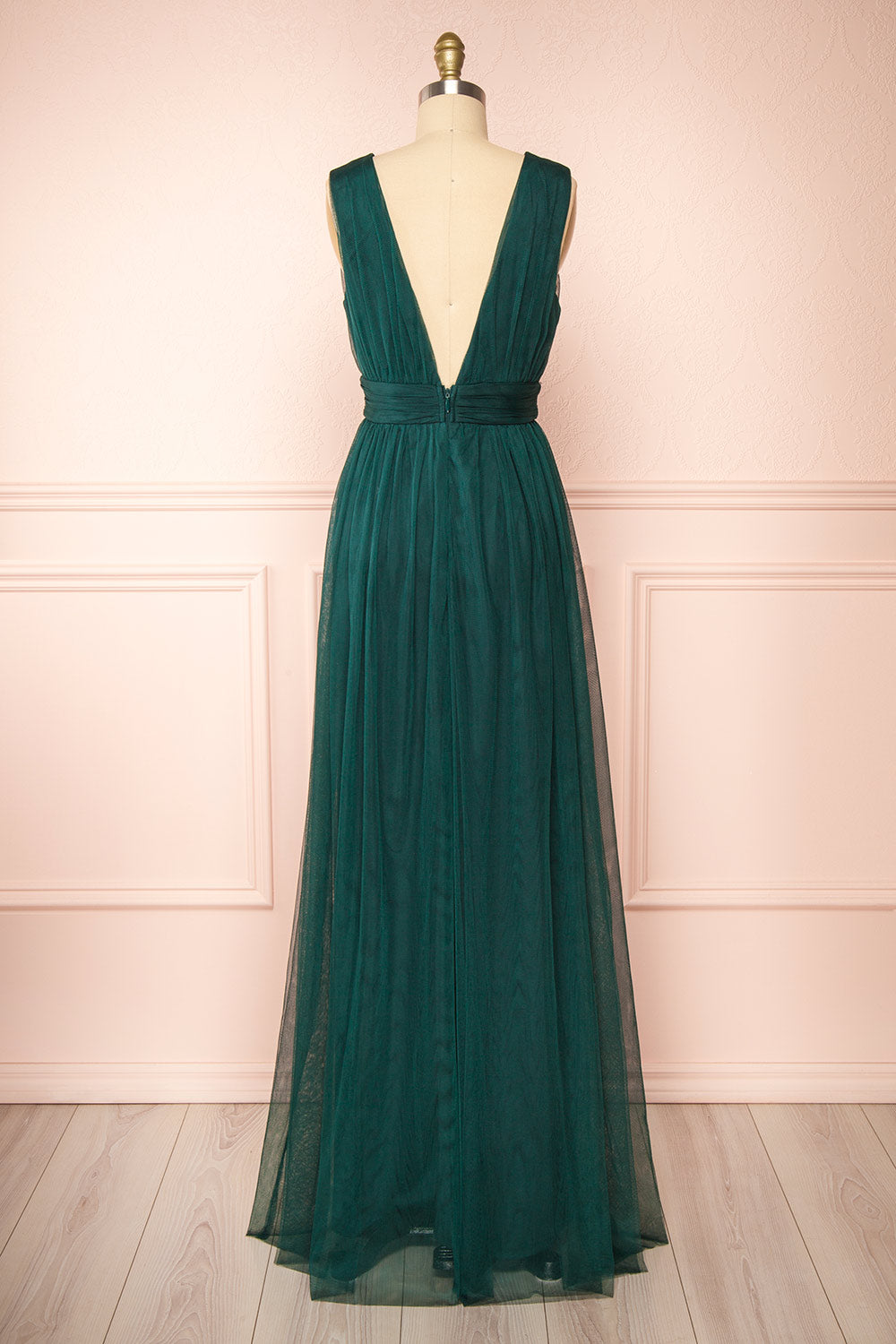 Samina Green | Tulle Maxi Dress with Plunging Neckline