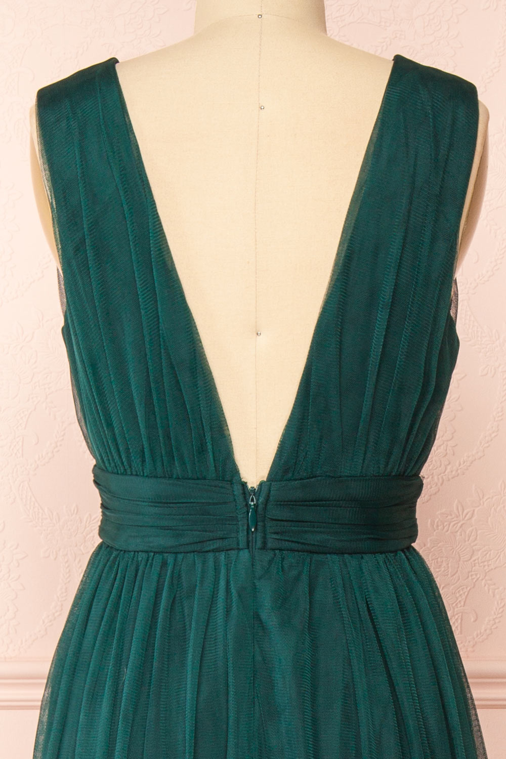 Samina Green | Tulle Maxi Dress with Plunging Neckline