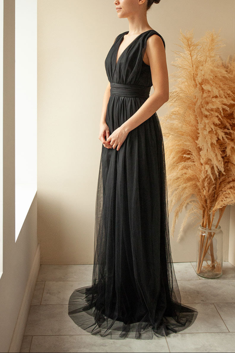 Samina Green | Tulle Maxi Dress with Plunging Neckline