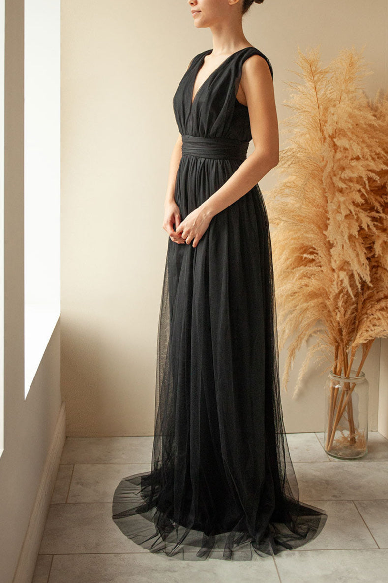 Samina Burgundy | Tulle Maxi Dress with Plunging Neckline