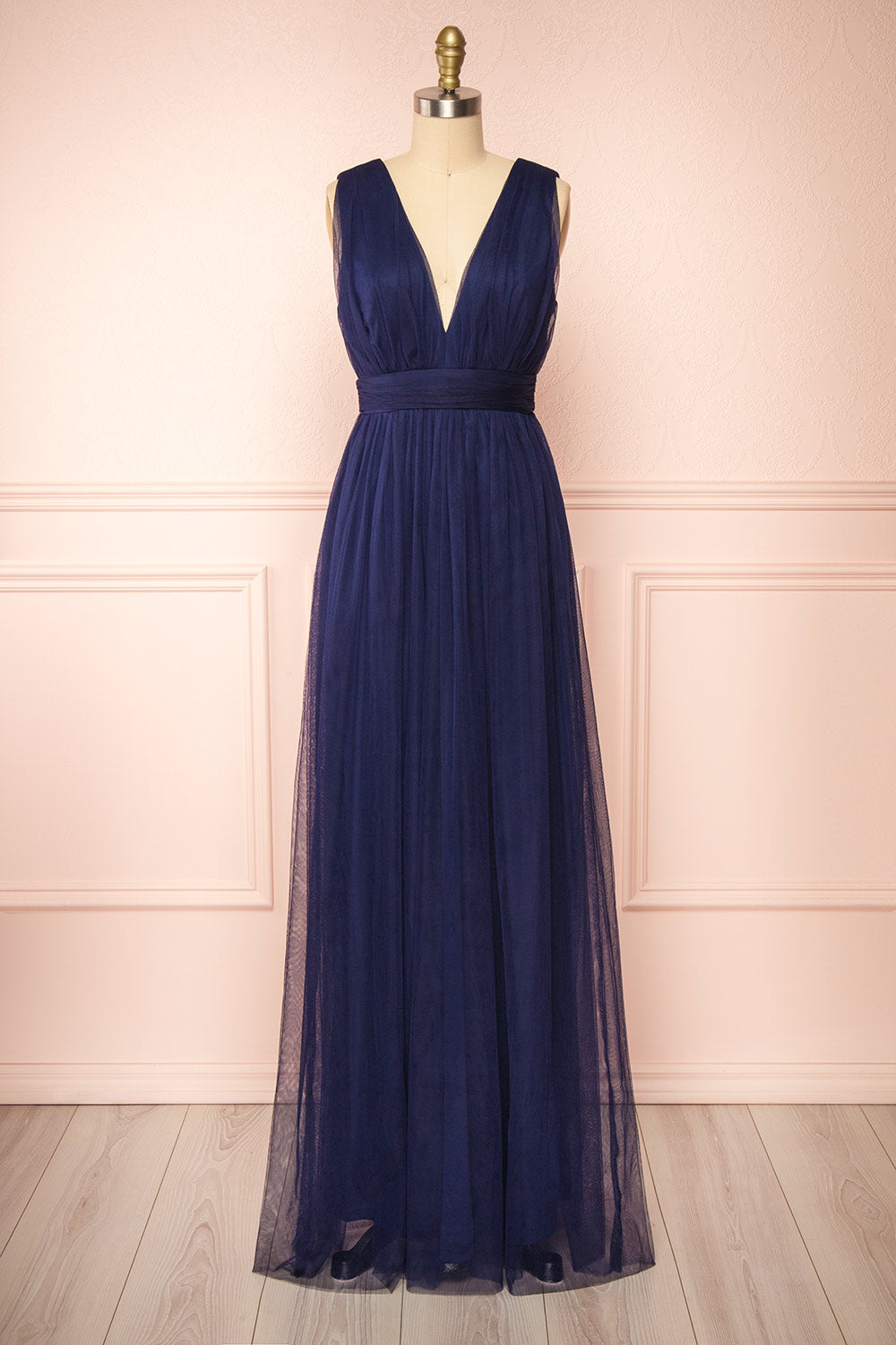 Samina Navy | Tulle Maxi Dress with Plunging Neckline