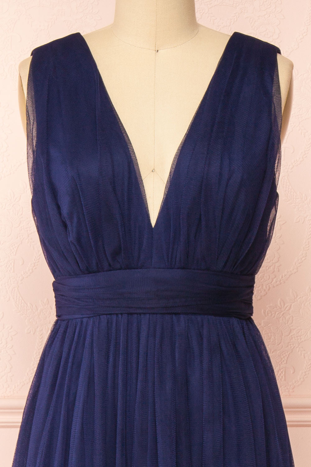 Samina Navy | Tulle Maxi Dress with Plunging Neckline