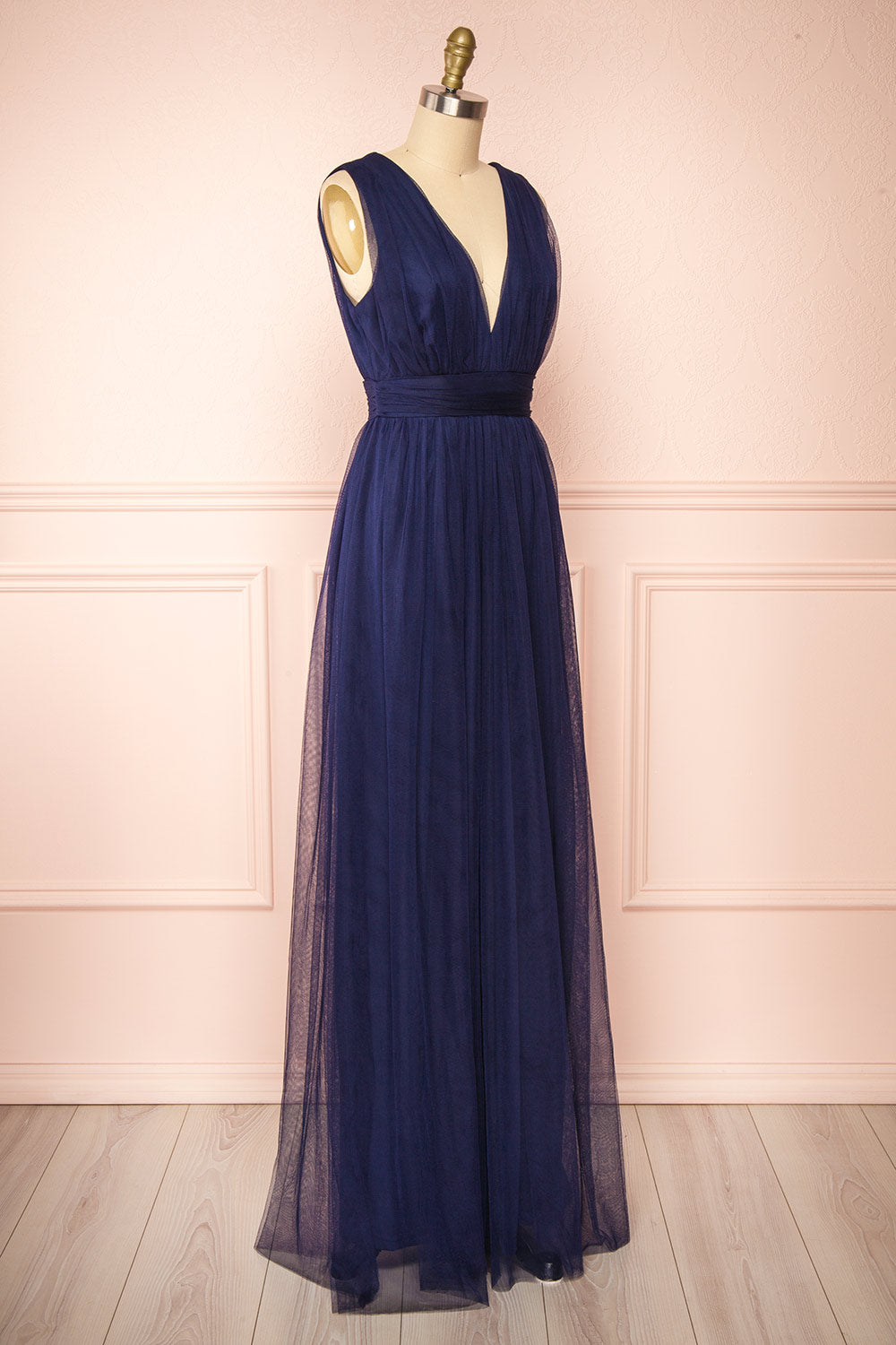 Samina Navy | Tulle Maxi Dress with Plunging Neckline