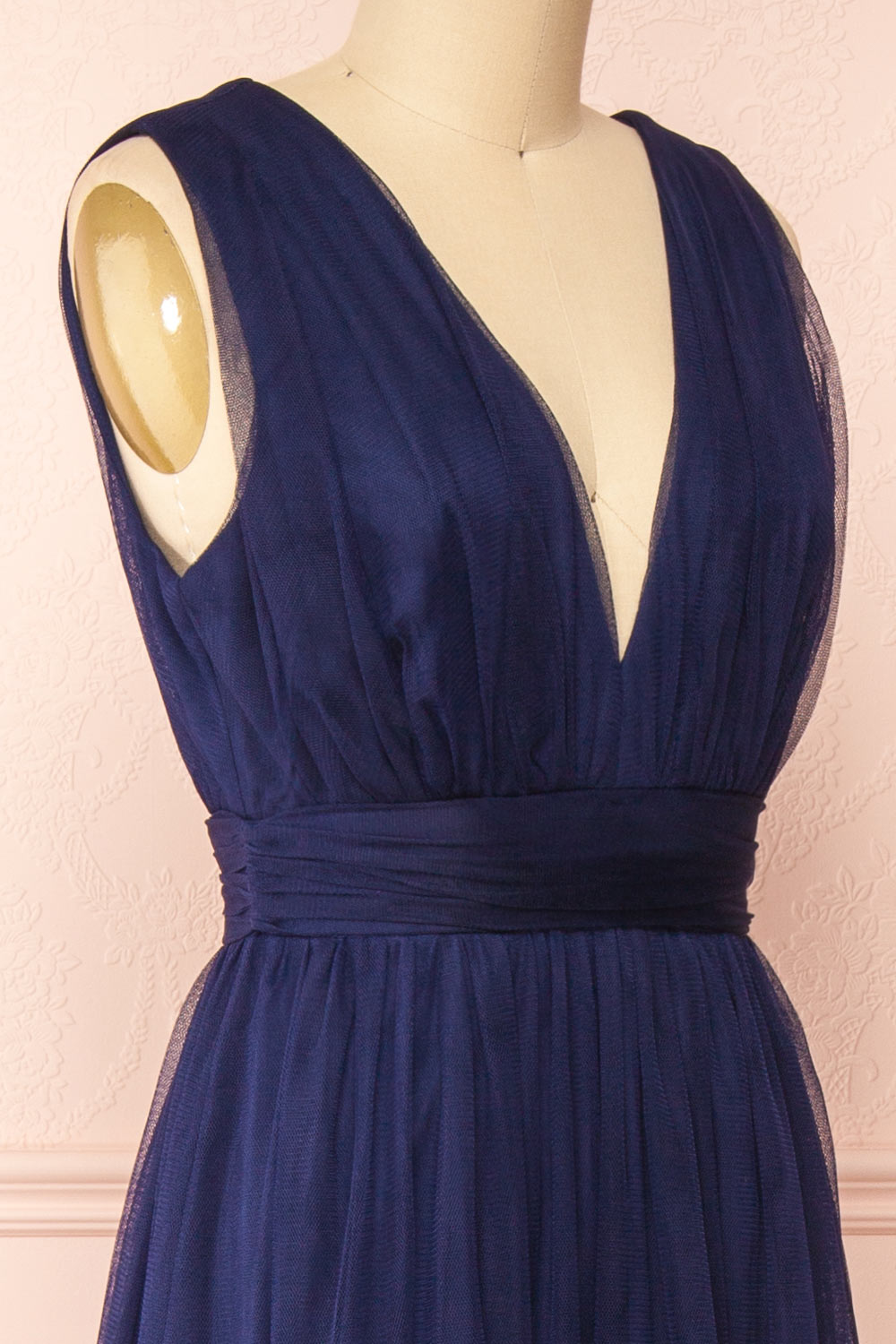 Samina Navy | Tulle Maxi Dress with Plunging Neckline