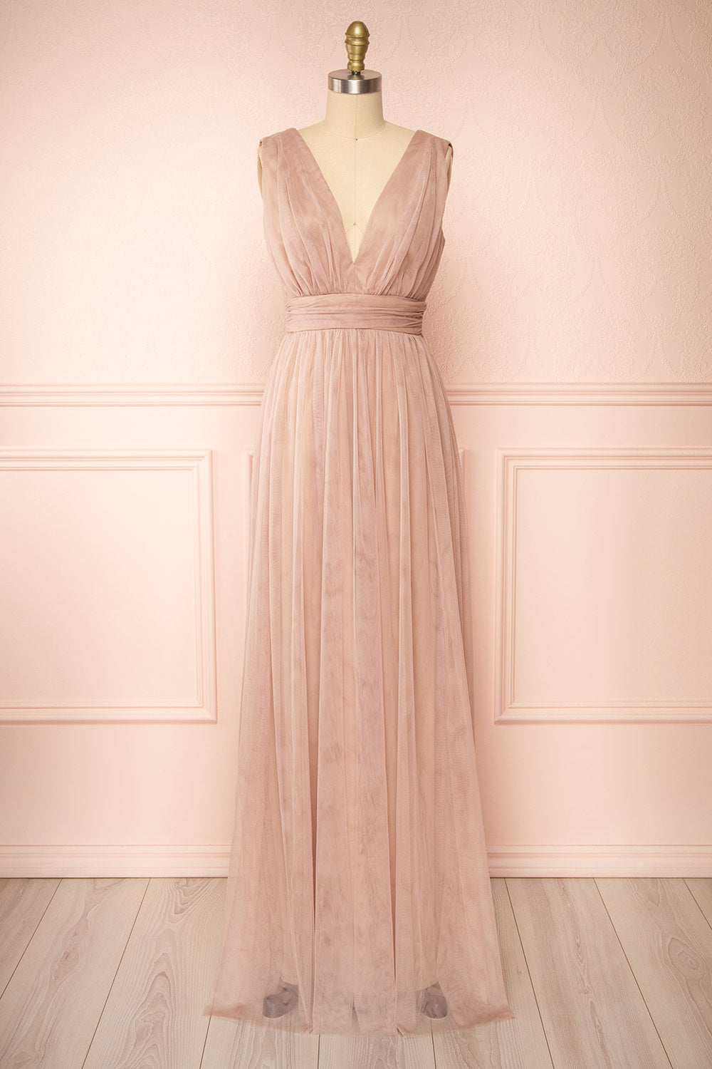 Samina Taupe | Tulle Maxi Dress with Plunging Neckline