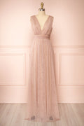Samina Taupe | Tulle Maxi Dress with Plunging Neckline