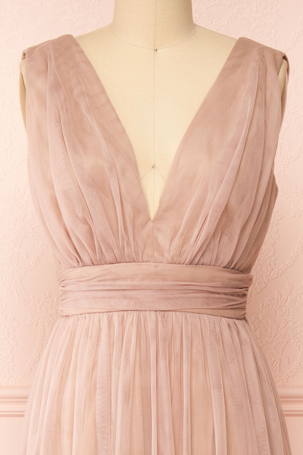 Samina Taupe | Tulle Maxi Dress with Plunging Neckline