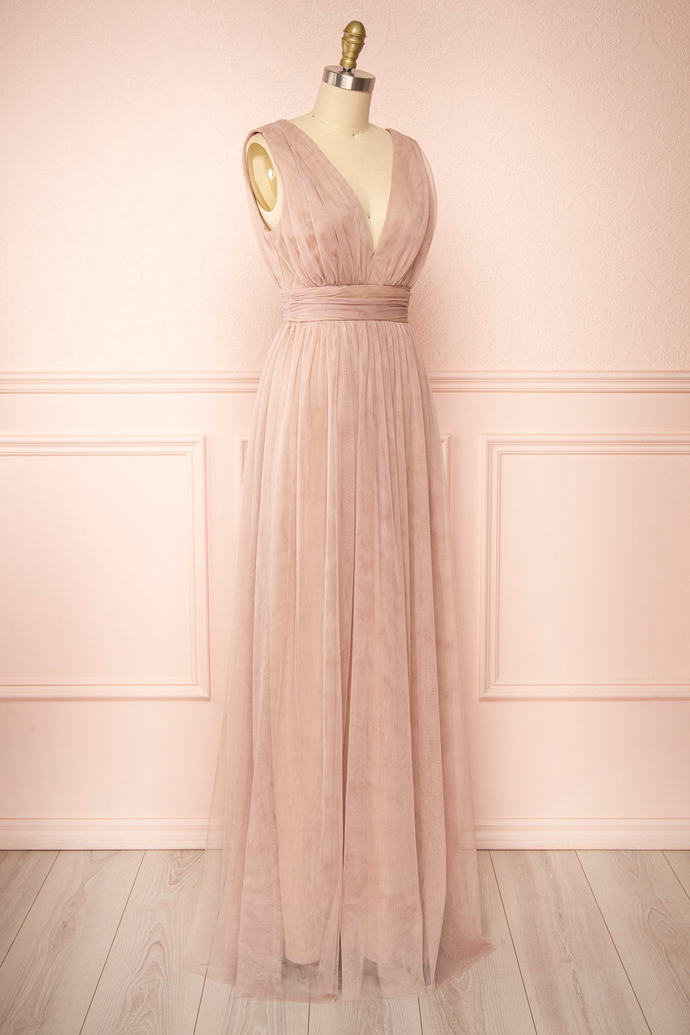 Samina Taupe | Tulle Maxi Dress with Plunging Neckline