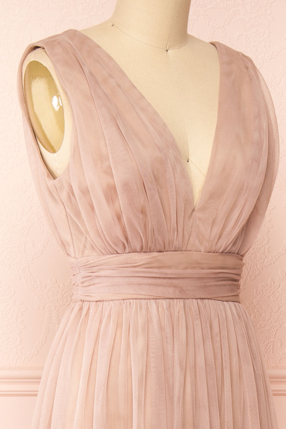 Samina Taupe | Tulle Maxi Dress with Plunging Neckline