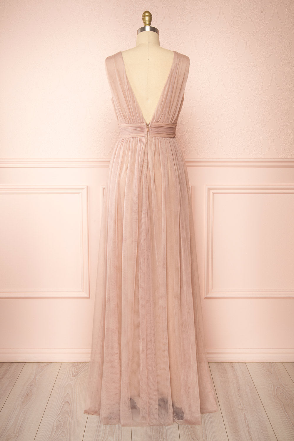 Samina Taupe | Tulle Maxi Dress with Plunging Neckline