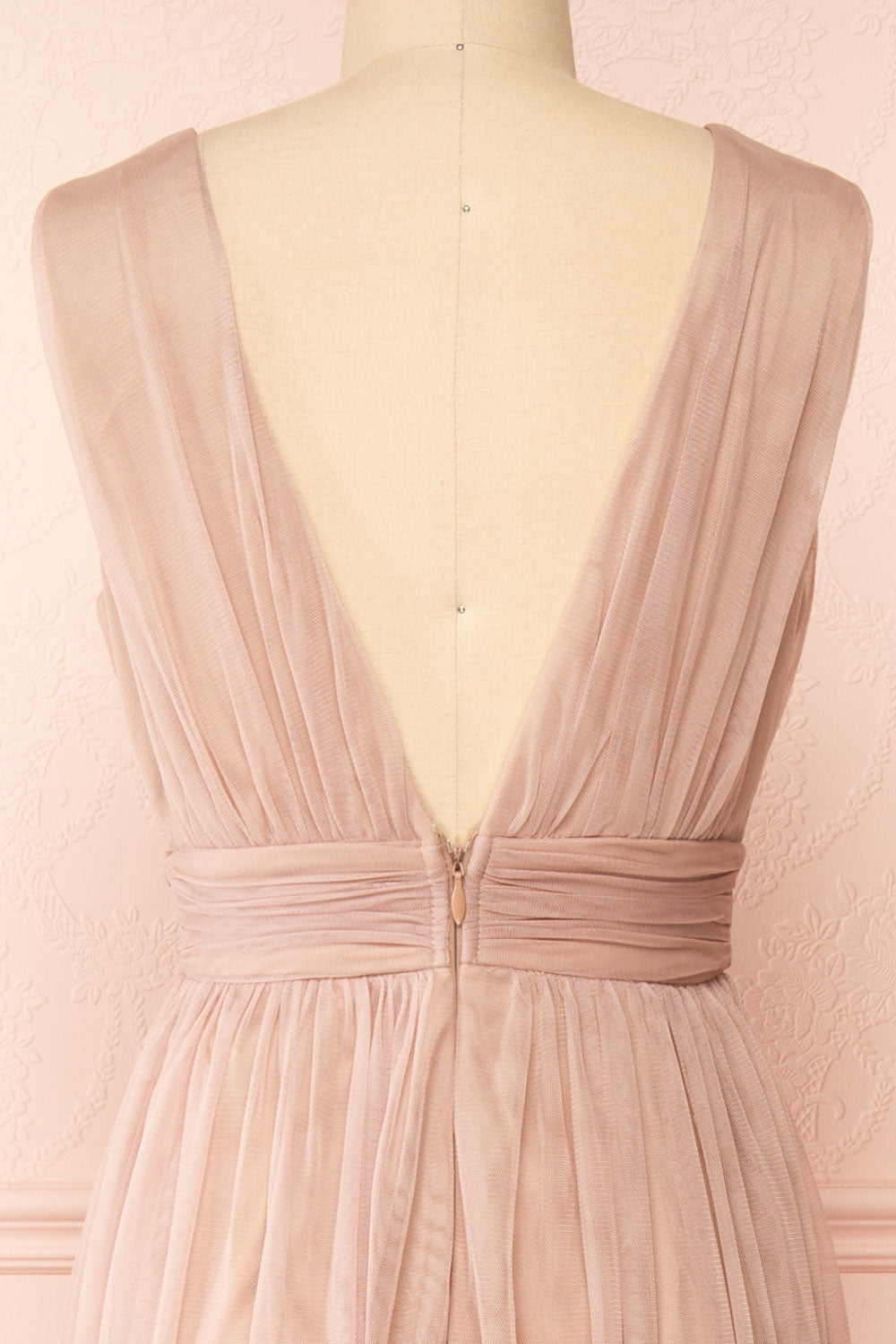 Samina Taupe | Tulle Maxi Dress with Plunging Neckline