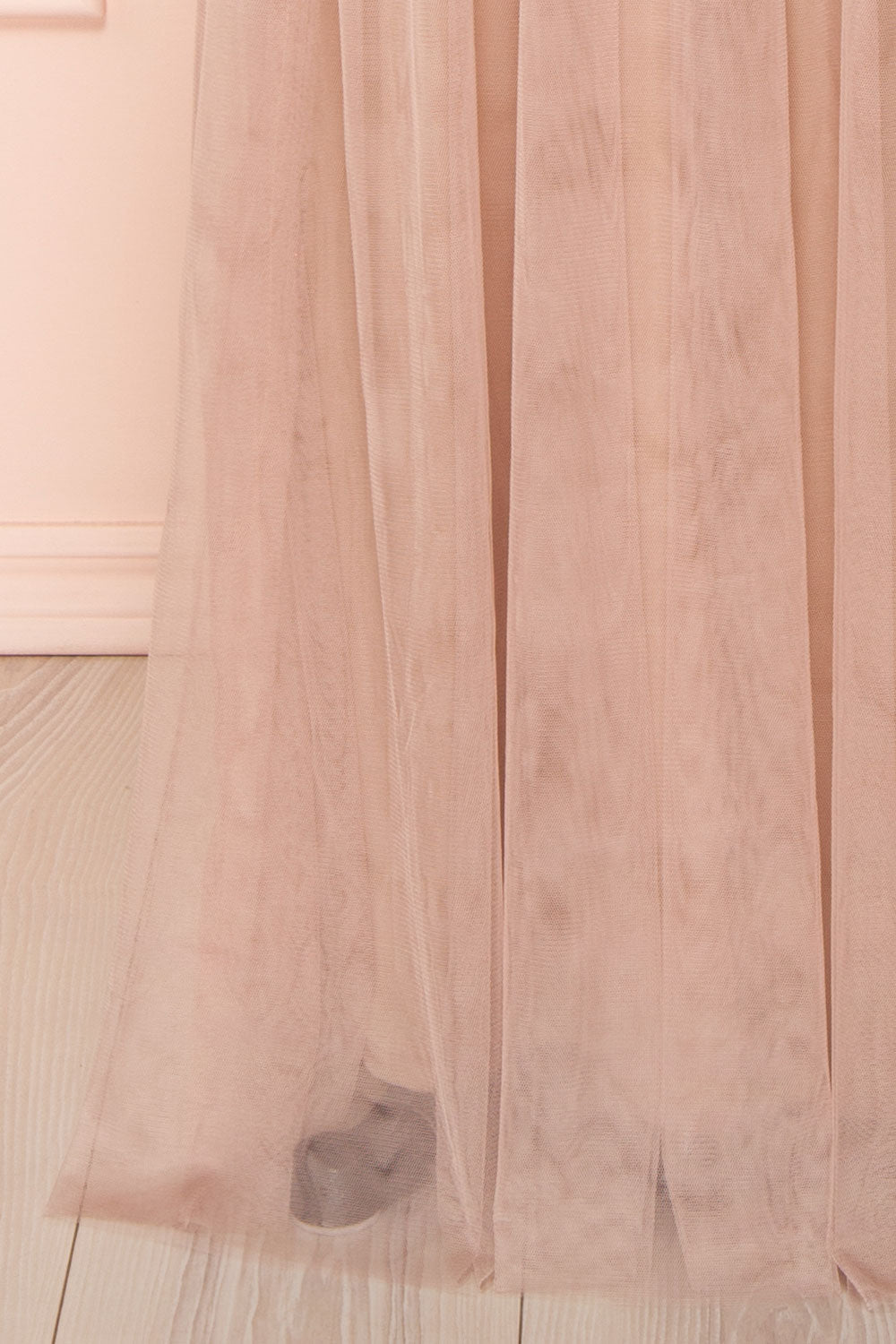 Samina Taupe | Tulle Maxi Dress with Plunging Neckline