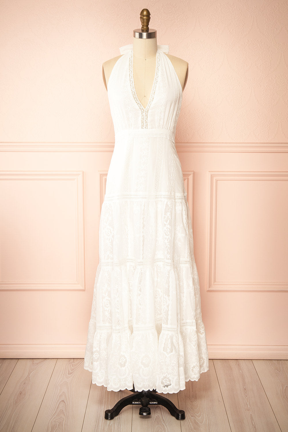 Sandos | Ivory Halter Maxi Dress with Lace