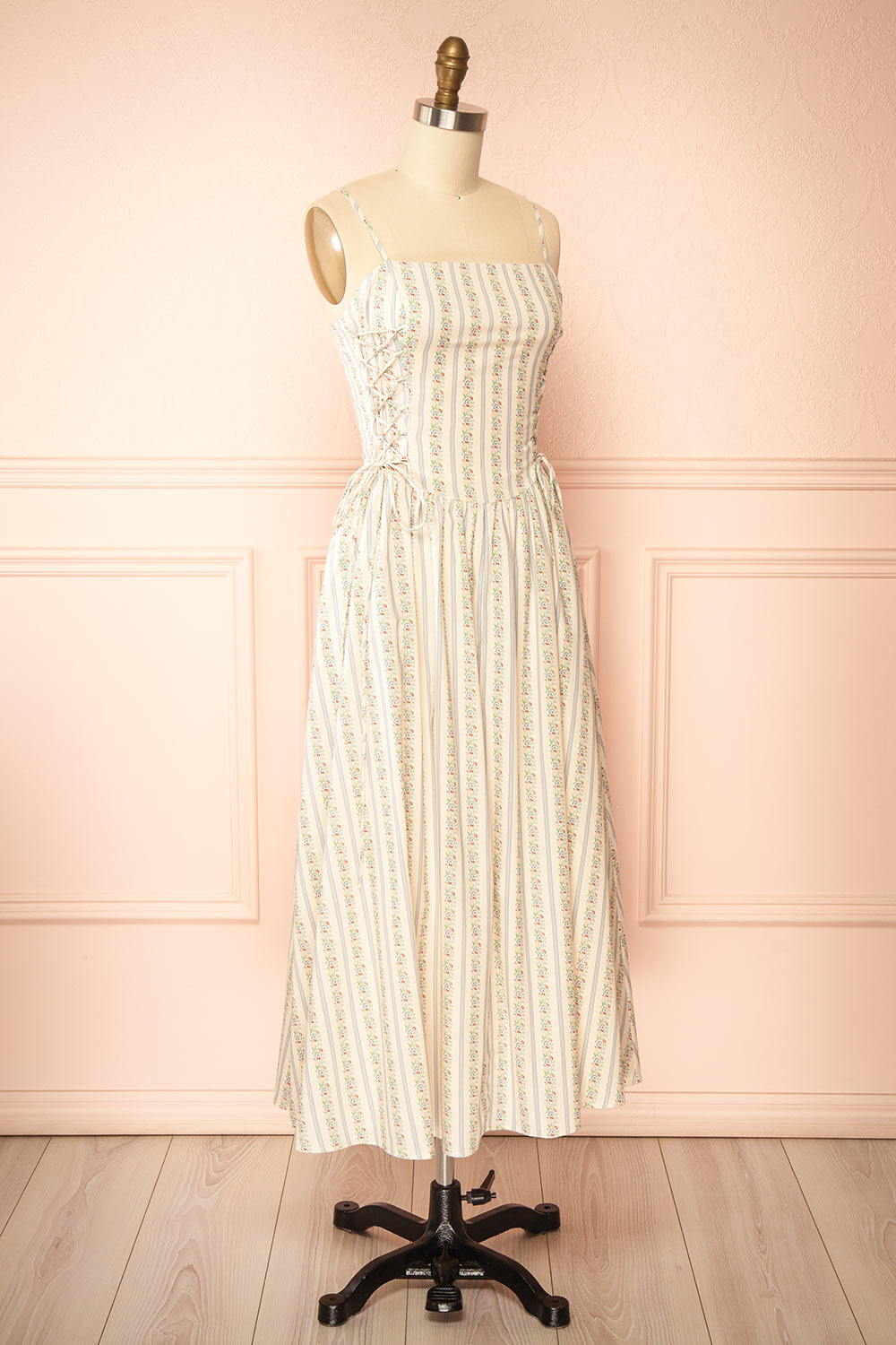 Saratou | Floral Stripe Maxi Dress with Side Lace-Up Detail